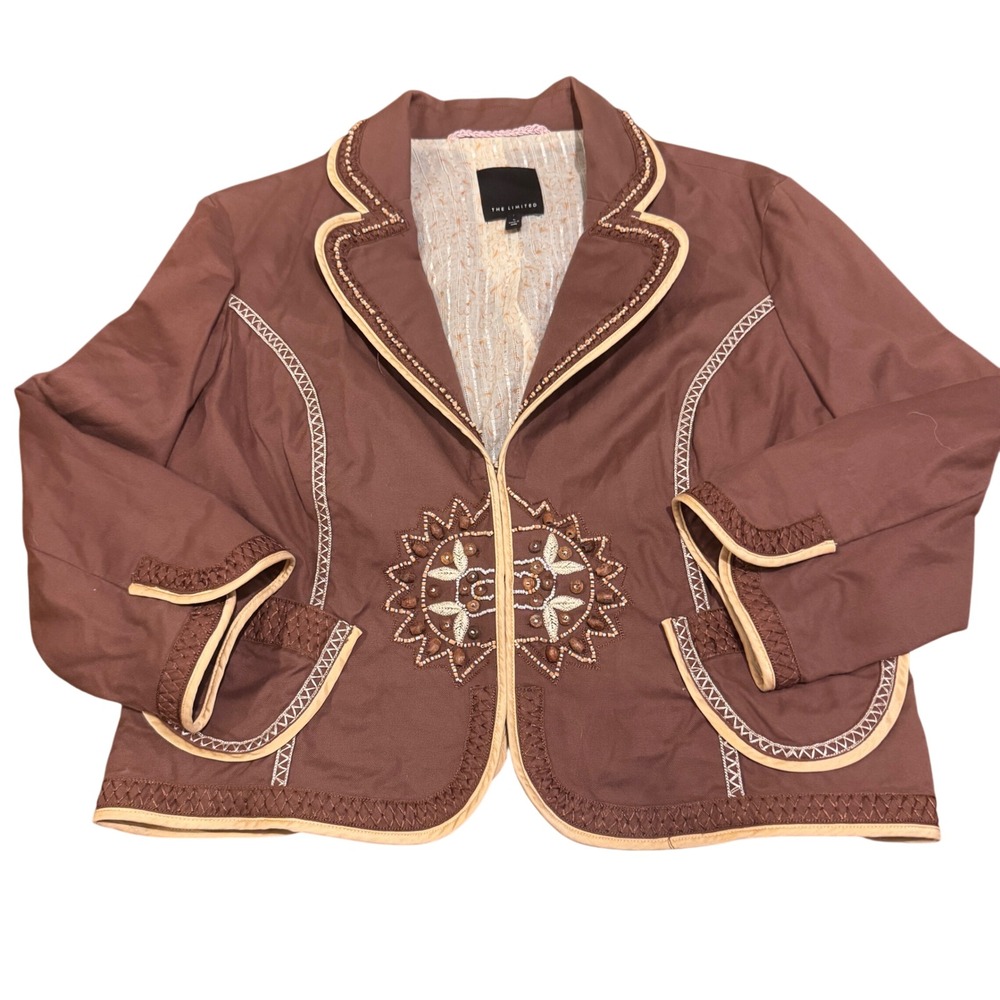 Vintage The Limited Brown Beaded Embroidered Blazer Jacket Western Boho Size L